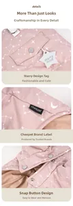 Detail of pink starry dog winter coat showing star patch and metal snap buttons