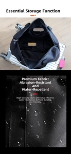 Close-up of waterproof high-density nylon fabric and inner zipper pocket on travel bag