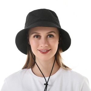 Detail of black waterproof sun hat with adjustable chin strap and wide protective brim