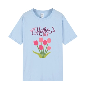 Light blue Mother's Day t-shirt featuring Happy Mother's Day text and pink tulips