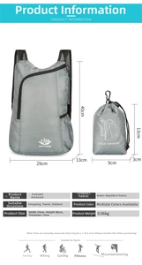 Detail view of the gray lightweight foldable backpack showing size when expanded and folded