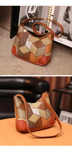 Detail of a brown patchwork shoulder bag featuring geometric PU leather textures and logo