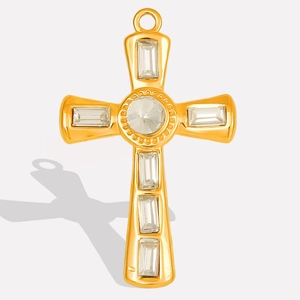 Detailed view of 304 stainless steel gold cross pendant with clear crystals on white