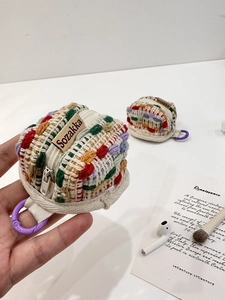 Colorful woven crochet mini earphone storage case with zipper and purple carabiner hook