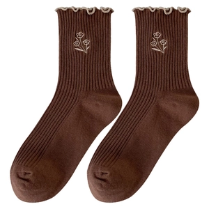 Brown cotton mid-calf socks with floral embroidery and ruffled edge design