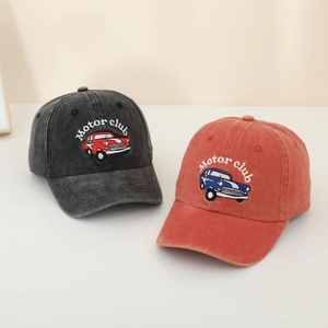 Detail view of vintage washed kids baseball caps with Motor Club car embroidery