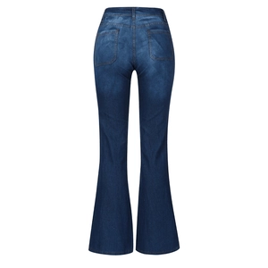 Vue arrière du jean évasé bleu foncé à taille haute avec poches arrière classiques