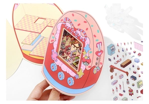 Close-up of 2.5D creative cartoon PET stickers and folding mini room scene for scrapbooking