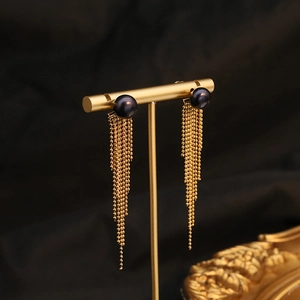 Elegant 18k gold plated tassel earrings featuring natural black pearls and bead chains