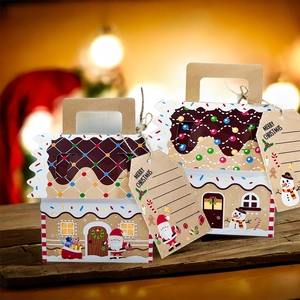 Gingerbread house Christmas kraft paper gift boxes with Merry Christmas tags and hemp rope