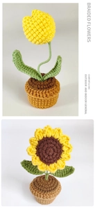 Close-up of handmade crochet sunflower potted plant with detailed knitted textures