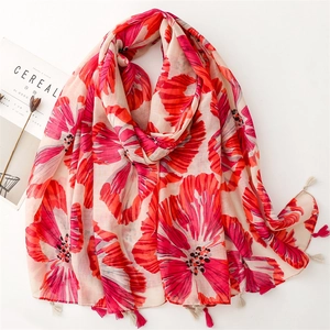 Floral Scarf Shawl Bali Yarn Polyester Sun Protection Travel Ethnic Large Flower Print Artistic Tassel Wrap Women