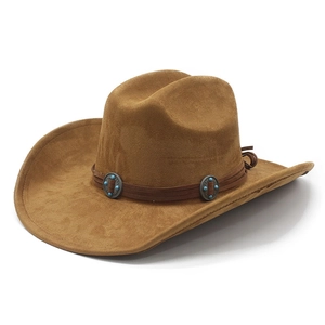 Chapeau de cowboy classique en daim marron avec bande en cuir et détails turquoise