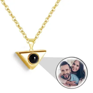 Detailed view of gold triangle projection necklace with personalized photo projection feature