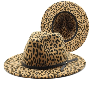 Classic leopard print fedora hat with black leather band and metal buckle for men and women