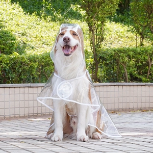 Close-up of a large transparent waterproof dog raincoat with durable white hem edges