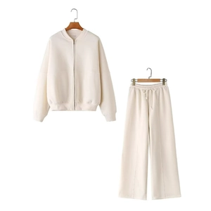 Women Casual Athletic Jacket And High Waist Wide Leg Pants Fleece Lined Warm Autumn Fleece Zipper Stand Collar Outfits