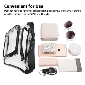 Clear PVC waist bag shown with phone, wallet and keys to demonstrate storage capacity