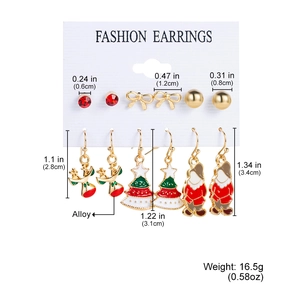 Detail view of Christmas earring set with reindeer, tree and sizing specs in alloy