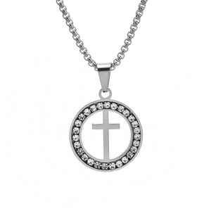 Silver hollow cross necklace with sparkling zircons and stainless steel round pendant