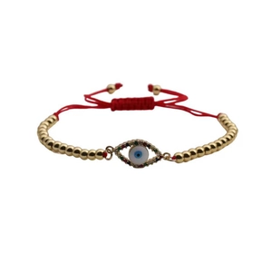 Adjustable evil eye beaded bracelet with gold plating and red cord for women