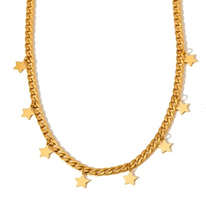 Minimalist gold stainless steel Cuban chain necklace with multiple star pendants