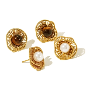 Boucles d'oreilles vintage en acier avec œil de tigre et perle au design géométrique