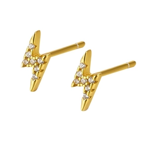 Elegant gold S925 sterling silver lightning bolt stud earrings with sparkling pavé crystals