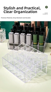Clear acrylic lipstick organizer with 24-compartment tiered design for dustproof storage