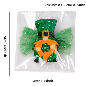 St. Patrick's Day green mesh hair clip with sequin gnome and clover details