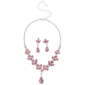 Elegant palace style pink gemstone necklace and earrings jewelry set with floral patterns