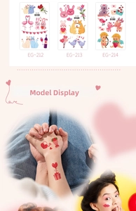 Macro detail of Valentine's temporary tattoos with heart patterns and cute animal illustrations