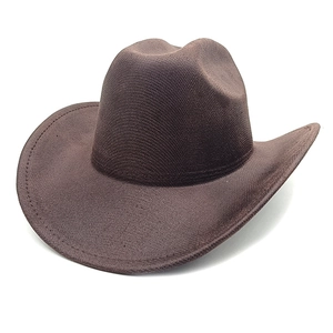 Detail of dark brown cowboy hat with fine woven texture and classic curled brim