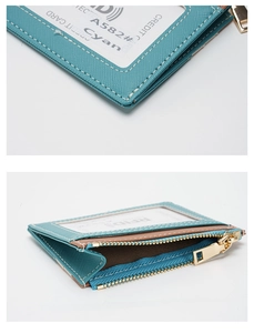 Detail of cyan RFID card holder showing ID window stitching and secure gold zipper
