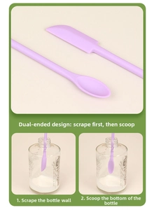 Macro detail of purple double-headed silicone spatula cleaning cosmetic bottle interiors