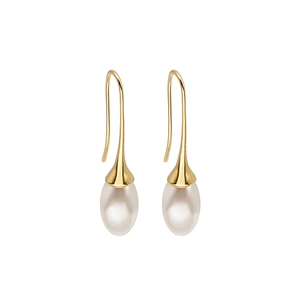 Classic vintage gold drop earrings with elegant white teardrop pearls on white background