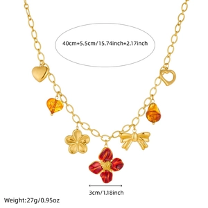 Collier en acier inoxydable doré avec fleur rouge, cœur et pendentif nœud