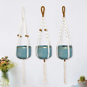 Handmade cotton rope hanging planters with Morandi blue ceramic pots and wood beads