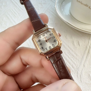 Elegant women's square watch with gold case, silver dial and brown leather strap