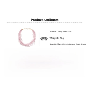 Detail showing multi-layer pink seed bead necklace with alloy clasp and size parameters