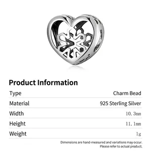 925 sterling silver heart charm bead with hollow snowflake pattern for bracelets