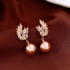 Wheat Ear Artificial Pearl Pendant Earrings 18K Gold Plated Copper Cubic Zirconia Leaf Vintage Jewelry With Silver Earring Post Women