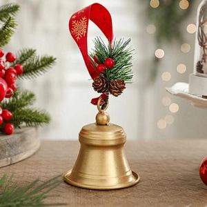 Christmas metal bell with red ribbon bow, pine needles and pine cones, 10cm holiday decor