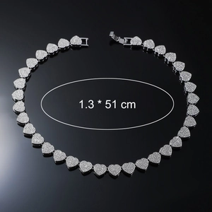 Silver iced out heart-shaped link Cuban chain necklace with sparkling crystals 51cm