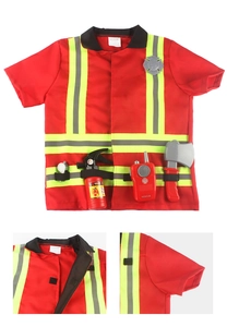 Detail view of children's firefighter vest with reflective stripes and toy rescue tools