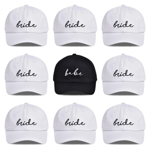 Set of 9 cotton baseball caps with embroidered bride and babe cursive text details