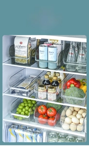 Stackable clear plastic fridge organizer bin with large U-shaped front opening design