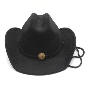 Detail of black suede cowboy hat with vintage gold emblem and braided rope accent