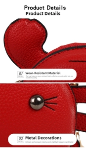 Close-up of red lychee grain leather mini coin purse with mouse ear design and round rivets