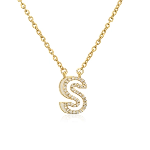 Golden S letter necklace with white enamel and sparkling inlaid diamonds on white base